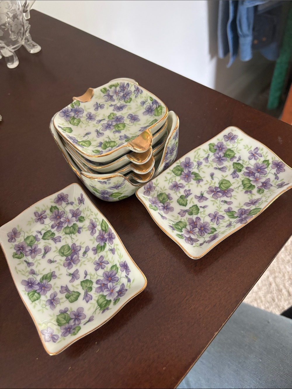 Vintage Lefton China:  Ashtray and mini plates; Purple Floral Pattern/Gold Trim